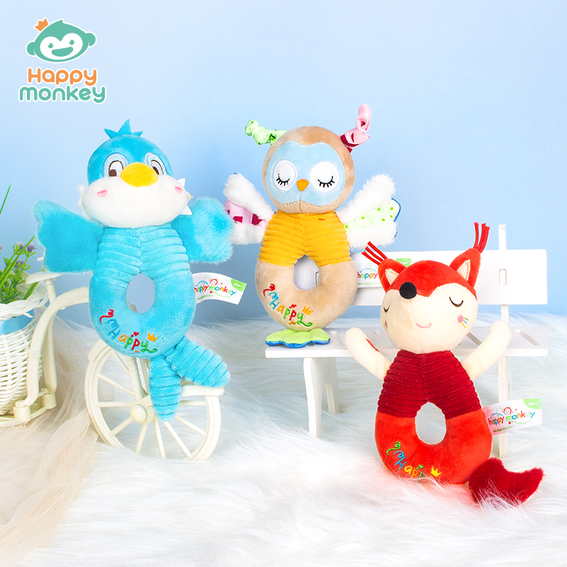 Happy monkey嬰兒手抓搖鈴新生兒抓握訓(xùn)練安撫玩偶寶寶早教玩具