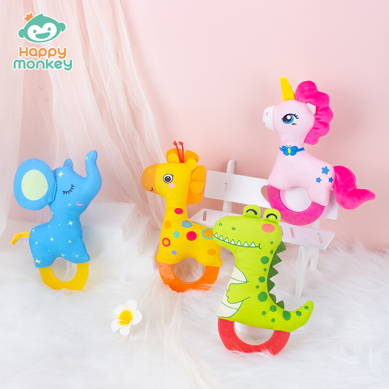 Happy monkey嬰兒玩具0-1歲牙膠手搖鈴安撫新生兒玩具廠家批發(fā)